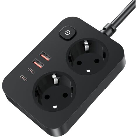 Regleta 6 en 1 con USB-C y protección contra sobretensiones, 2 tomas con interruptor y 2 puertos USB/2 USB tipo C, cable de extensión de 2 m, para el hogar, la oficina y los viajes.
