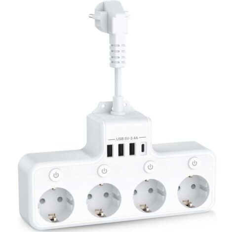 Regleta 8 en 1 con 4 tomas de corriente estándar + 4 puertos USB (5V/3A y 5V/2.4A), interruptores individuales, 3680W, blanca