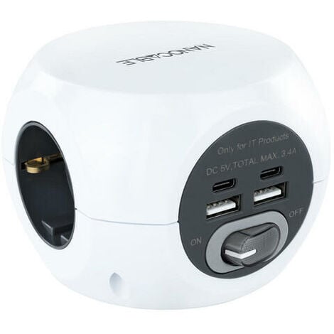 Enchufe (4000W/16A) Cable de 3M, Regleta USB Con 4 Tomas Y 3 Puertos USB  (2.4A), Regleta Con Interruptores Individuales