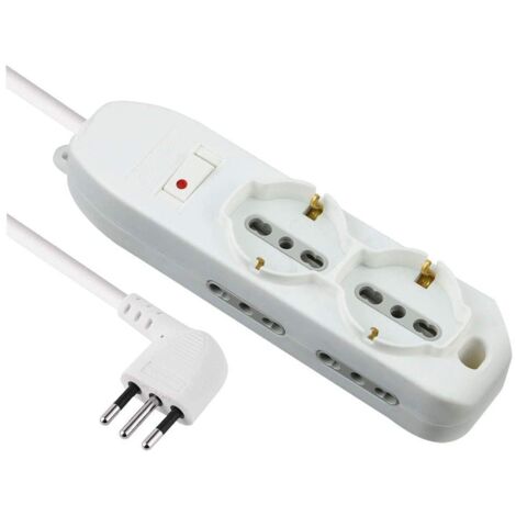 Regleta blanca de doble paso, tomas schuko y protección térmica Electraline - 6 posiciones 2P+T 10A, con cable 3x0,75mm² de 2 metros de longitud.