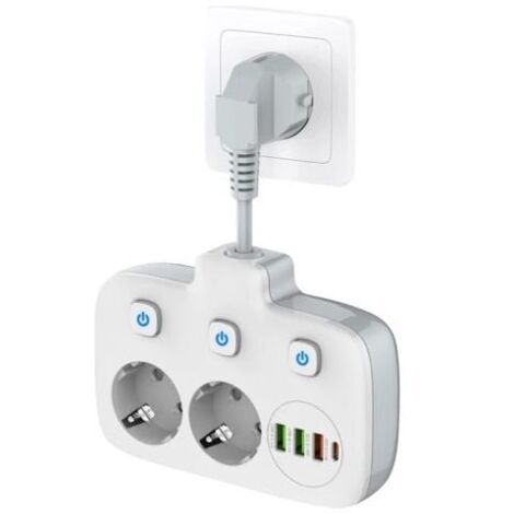 Regleta con 3 interruptores, 2 compartimentos, doble toma de pared con 4 puertos USB, adaptador de enchufe con protector contra sobretensiones