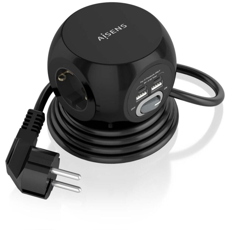 Bloc multiprises de table multifonctionnel de avec 3 prises + 2xUSB-C, 2xUSB-A, 1.4M, Noir - Aisens