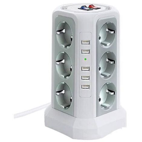 Regleta con protector de sobretensiones, 5 puertos USB, 12 tomas, 3 interruptores, color blanco