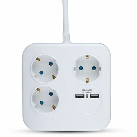Regleta cuadrada V-TAC con cable de 1,4 m, 3 enchufes Schuko, 2 puertos USB y enchufe Schuko, color blanco