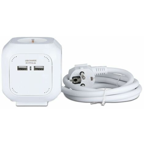 Regleta cúbica V-TAC con cable de 1,4 m, 4 tomas Schuko, 2 puertos USB y enchufe Schuko, color blanco