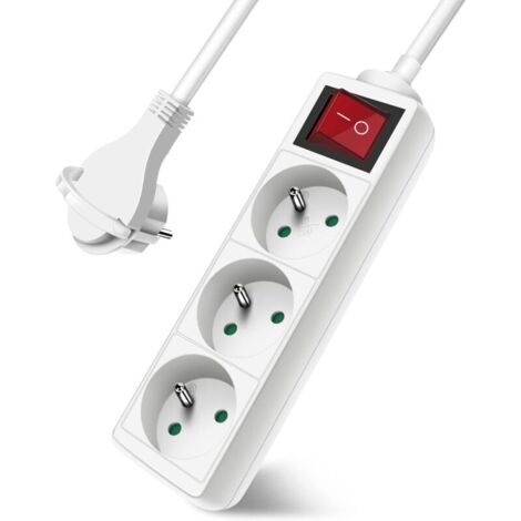 Regleta de 3 enchufes con interruptor plano, bloque de 3 enchufes, cable alargador de 3 m y 230 V con seguridad para niños, blanco, 85,2 cm