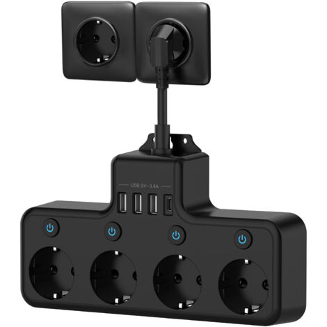 Regleta de 3680 W con 4 tomas de corriente, cable corto, 4 puertos USB y 1 puerto USB-C, estándar europeo.