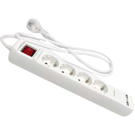 Regleta de 4 tomas con 2 puertos USB (2.1A), interruptor luminoso y cable de 1,5 m