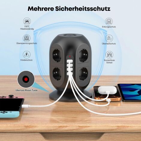 Regleta de 8 enchufes con protección contra sobretensiones, 2 puertos de carga USB, cable de 2 m, 2 interruptores (negro)