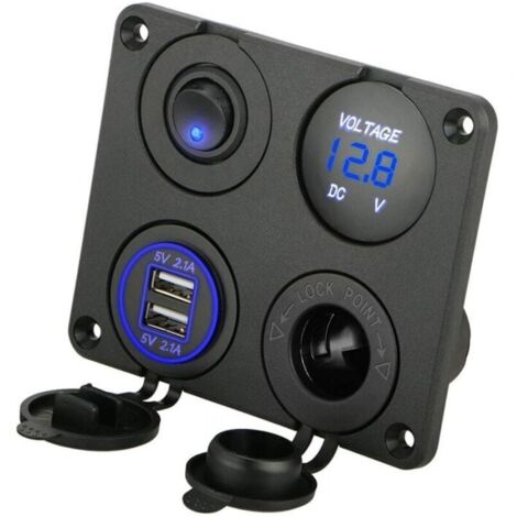 Regleta de carga 4 en 1, 12 V, 4,2 A, doble puerto USB y voltímetro LED – Azul