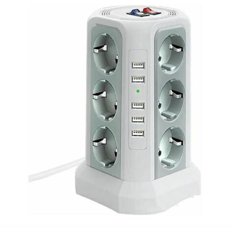 Regleta de enchufes con protección contra sobretensiones, 5 puertos USB y 12 tomas de corriente, 3 interruptores, color blanco
