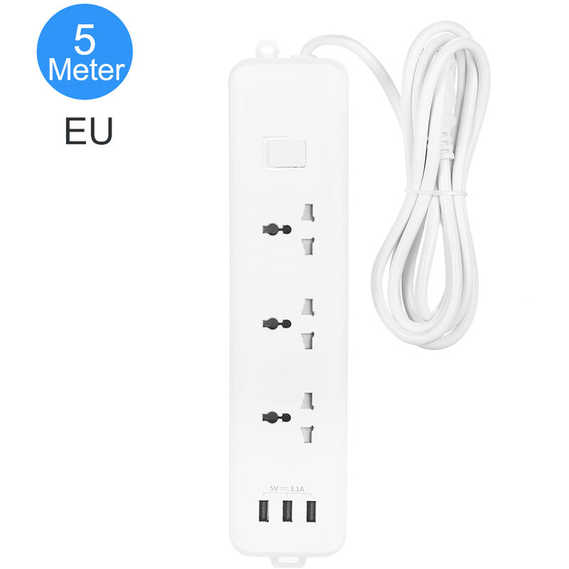 

Regleta de enchufes multiples, con cable de 5 metros de largo 3 tomacorrientes 3 puertos USB