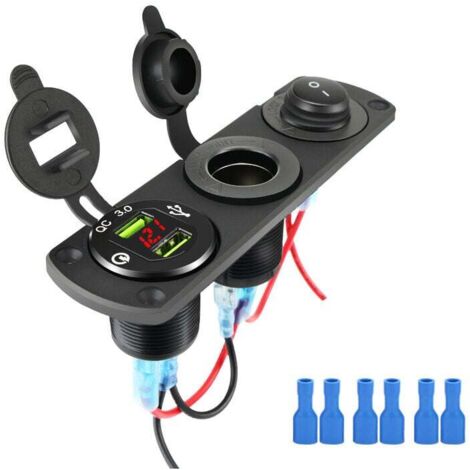 Regleta de enchufes para coche con dos puertos USB, divisor para encendedor de 12 V, voltímetro LED e interruptor independiente.