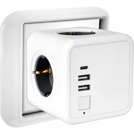 Regleta de enchufes USB múltiples, regleta de enchufes de pared con forma de cubo, 4 enchufes con 3 puertos USB, regleta de enchufes USB 7 en 1 con interruptor, cargador de regleta de enchufes de pare