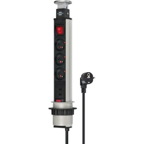 Regleta de torre Power para encimera con interruptor, 2 m H05VV-F 3G1,5, 3 tomas + 2 puertos USB