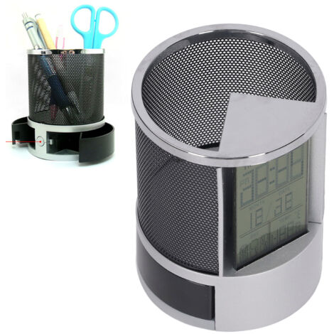 Regleta digital con forma de bolígrafo, con reloj electrónico, calendario perpetuo, despertador y temporizador, 8,5 x 8,5 cm, color negro.