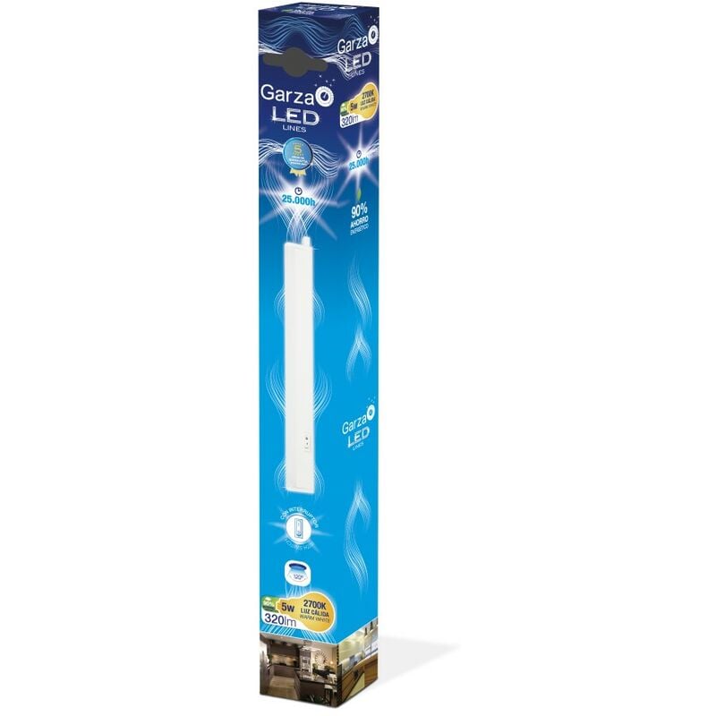 

Garza - Regleta LED BATTEN T5 con interruptor 5W 320lm. Luz cálida, 120º, Medida largo 301mm.