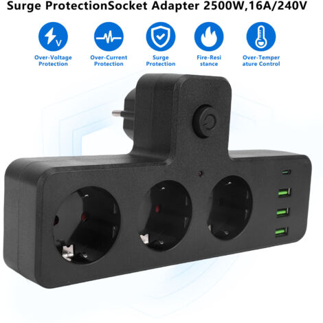 Regleta multifuncional de 3 tomas de corriente alterna con 3 puertos USB y 1 puerto tipo C con interruptor para el hogar.