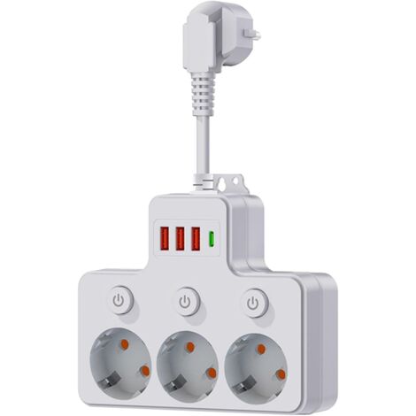 Regleta USB con interruptor independiente, regleta de 3/4 con 3 puertos USB (1 USB-C), protección contra sobretensiones y picos de tensión, apta para montaje en pared, ideal para el hogar o la oficina