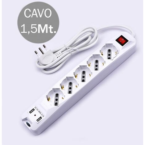 Regleta V-TAC 5x10/16A 2P+E 2xUSB-A Interruptor 1,5m Enchufe 16A