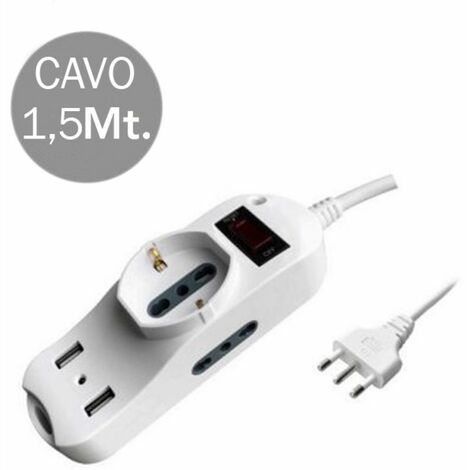Regleta V-TAC con cable de 1,5 m, 2 tomas laterales de 10/16 A, dos pasos, 1 frontal de 10/16 A + Schuko, 2 interruptores USB, enchufe de 16 A