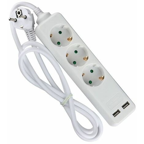 Regleta V-TAC con cable de 1,5 m, 3 tomas, 10 A, 2P, Schuko, 2 puertos USB y enchufe Schuko, color blanco