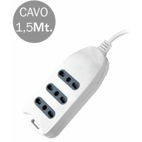 Regleta V-TAC con cable de 1,5 m, 3 tomas de corriente, 10/16 A, 2P+T, dos pasos, con conexión a pared, enchufe 16 A, 2P+T, color blanco
