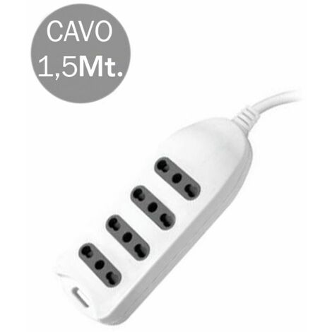 Regleta V-TAC con cable de 1,5 m, 4 tomas de corriente 10/16 A, 2P+T, dos pasos, con conexión a pared, enchufe 16 A, 2P+T, color blanco