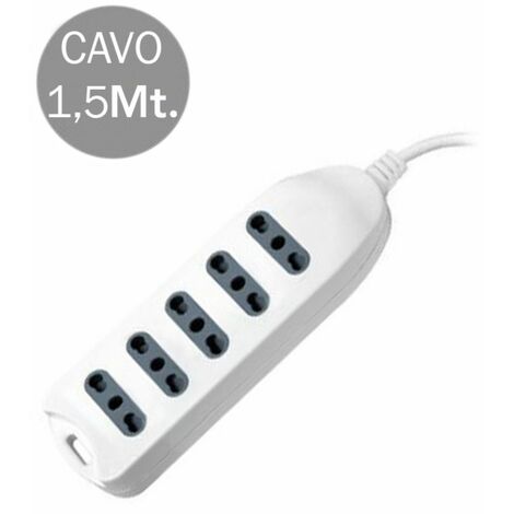 Regleta V-TAC con cable de 1,5 m, 5 tomas, 10/16 A, 2P+T, dos pasos, con conexión a pared, enchufe 16 A, 2P+T, color blanco