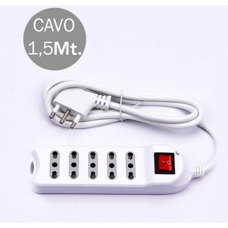 Regleta V-TAC con cable de 1,5 m, 5 tomas, 10/16 A, 2P+T, dos pasos, con interruptor iluminado y enchufe 16 A, 2P+T, color blanco