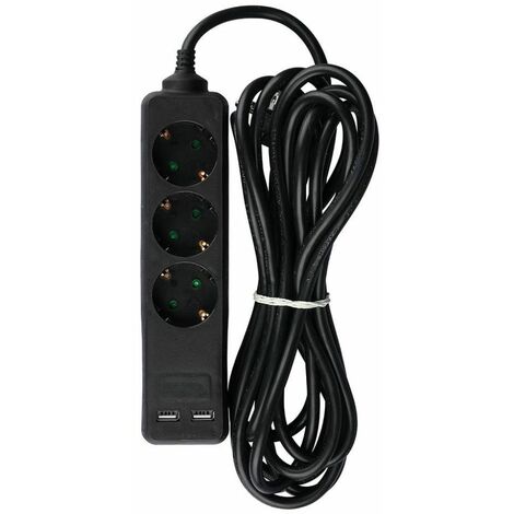 Regleta V-TAC con cable de 5 m, 3 tomas, 10 A, 2P, Schuko, 2 puertos USB y enchufe Schuko, color negro
