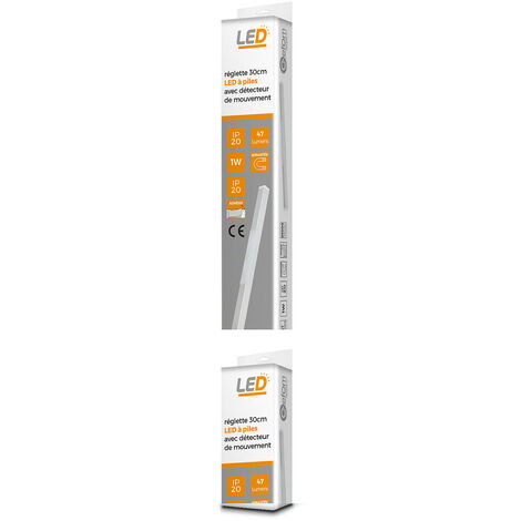 Réglette LED aluminium à piles avec détecteur – 300mm – 47 lumens – Température couleur 4000K – Installation facile avec bandes adhésives – Gefom