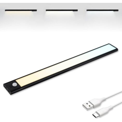 Réglette Led Armoire Detecteur Mouvement, Reglette Led Rechargeable USB-C, 3 Températures de Couleur, Led Dressing, Lampe de Placard, Dimmables, Bande Magnétique pour Armoires, Couloirs, 40cm, Noire