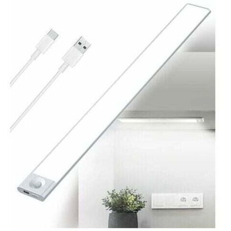 Reglette LED Cuisine Sous Meuble Rechargeable USB, Lumière tricolore, 2500mAh 40cm Dimmable Lampe Placard Detecteur de Mouvement Barre LED Sans Fil Rechargeable Lumiere Capteur PIR a Pile pour Escalie