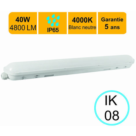 Réglette LED étanche traversant 1200mm 40w (equiv. 2x36w) 4800 lm IP65