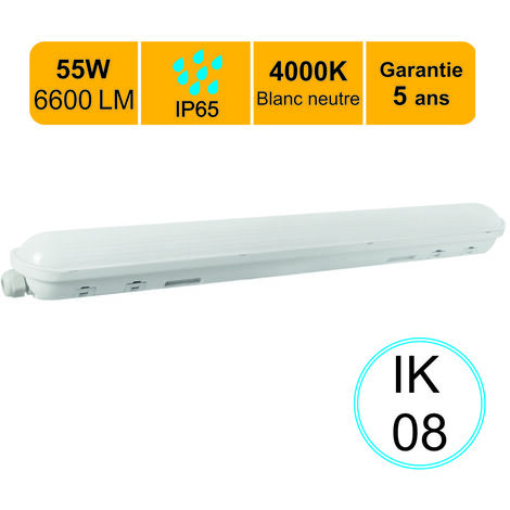 Lutece-Arc – Réglette LED étanche 1500mm 55W 6600 LM 4000K IP65 – IK08 résistante aux chocs – Câblage traversant pour installation rapide
