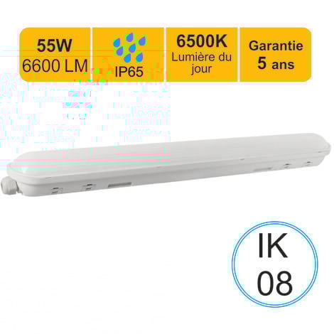 Réglette LED étanche 1500mm 55W 6600 LM 6500K IP65 - traversant - garantie 5 ans