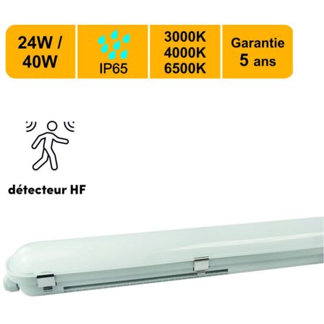 Réglette LED IP65 120cm 24/40W - 3CCT - détecteur mouvement - traversant - garantie 5 ans
