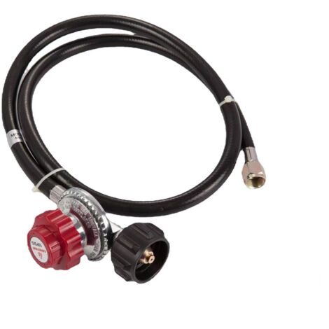 Regolatore di alta pressione regolabile con elegante tubo flessibile nero, compatibile con le nuove bombole di propano americane da 4 piedi.