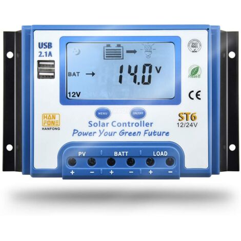 Regolatore di carica solare 30A Regolatore di carica solare 12V/24V con display LCD e doppia porta USB per batteria del pannello solare - ST6-30A