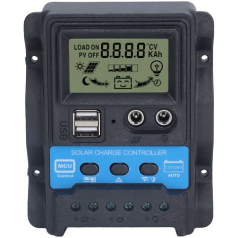 Regolatore di carica solare con schermo LCD, doppia uscita USB da 5 V, regolatore di carica PWM da 20 A 260 W (12 V) 520 W (24 V)