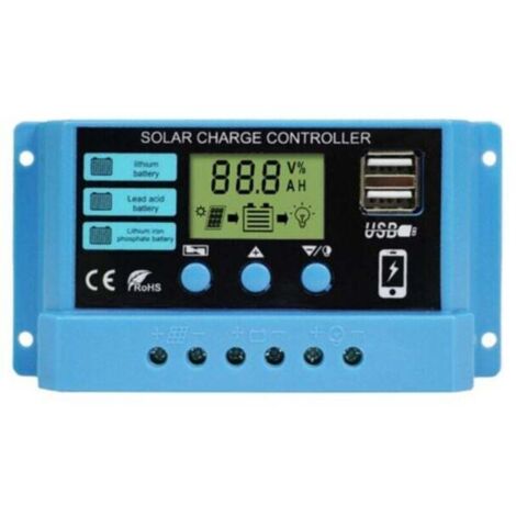 Regolatore di carica solare Ulisem 30A 12V/24V Regolatore intelligente per pannelli solari con display LCD e porta USB 5V/2A Adatto a diversi tipi di batterie Facile da usare