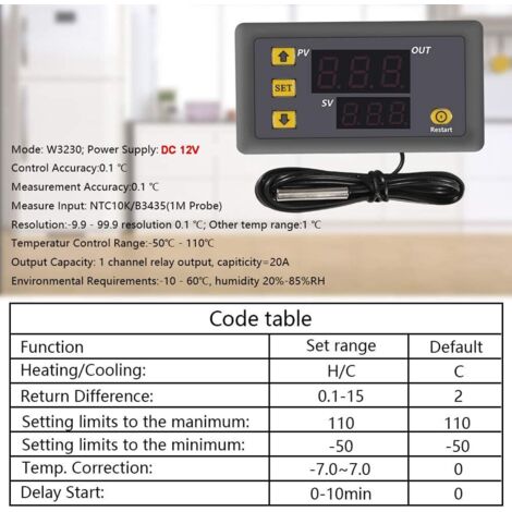 Regolatore di temperatura digitale W3230 DC 12V da 2 pezzi, interruttore di controllo del termostato con display a LED da 20 A con sonda con sensori NTC da 10 K, intervallo da -50 ℃ a 110 ℃