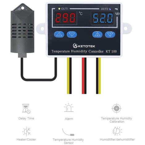 Regolatore di temperatura e umidità, termostato igrostato digitale con sonda, regolatore di umidità per riscaldamento, raffreddamento, umidificazione, deumidificazione, rettili, terrari