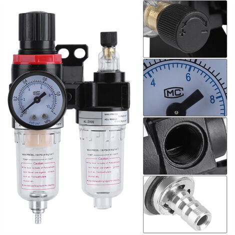 Regulador de filtro de aire de 1/4" con lubricador + carcasa de metal/plástico negro/transparente, filtro de 40 µm, 0,05–0,85 MPa, para compresores y herramientas neumáticas.