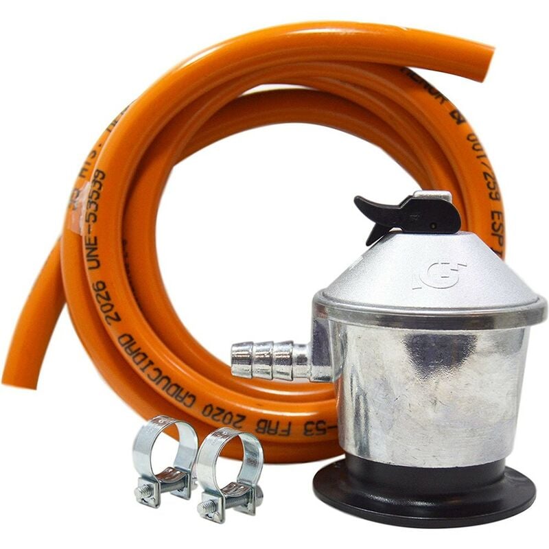 

Regulador de Gas Butano+ Tubo Goma 1,5 M + 2 Abraz, Gris/Naranja, Metros