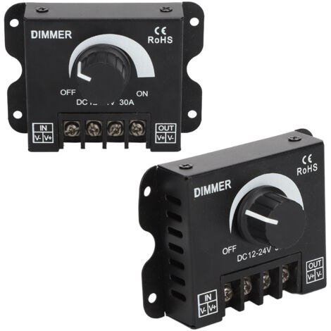 Regulador de intensidad LED monocanal con modulación por ancho de pulso (PWM) para tiras LED de 12-24 V CC con disipación de calor.