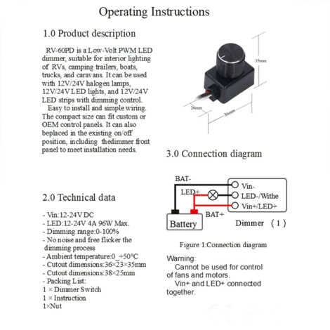 Regulador de intensidad LED PWM de 12V-24V para iluminación interior en autocaravanas, barcos y camiones.