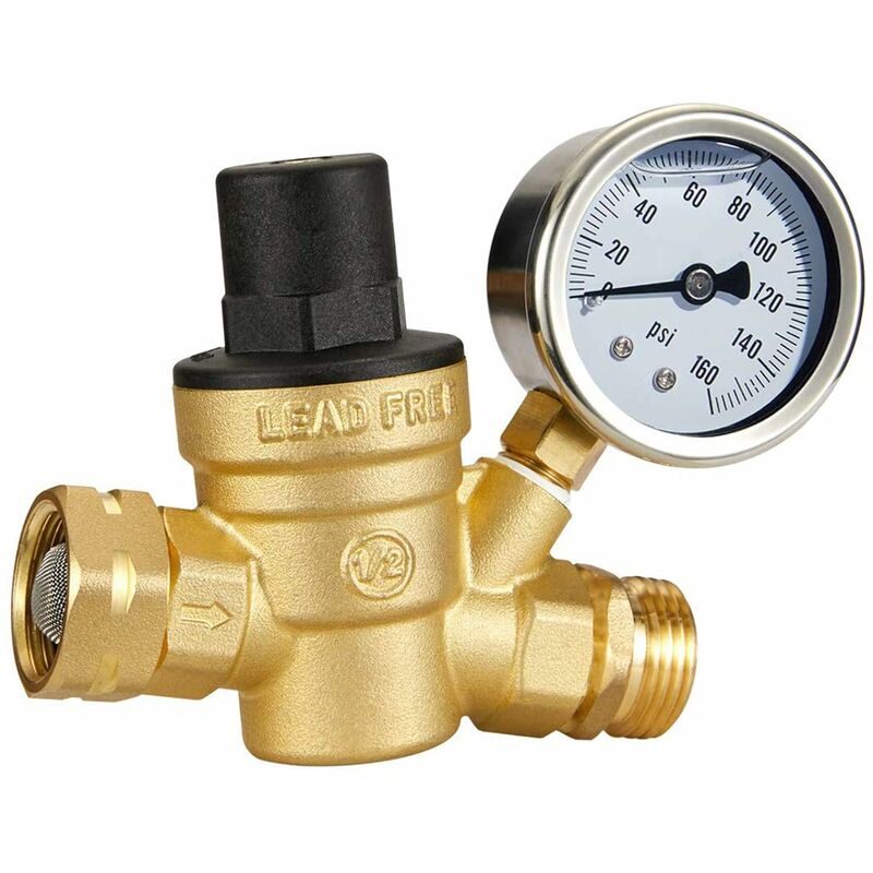 

Regulador de presión de agua ajustable con manómetro y filtro, rosca NH de 3/4 'de latón sin plomo para autocaravanas, remolques de autocaravanas