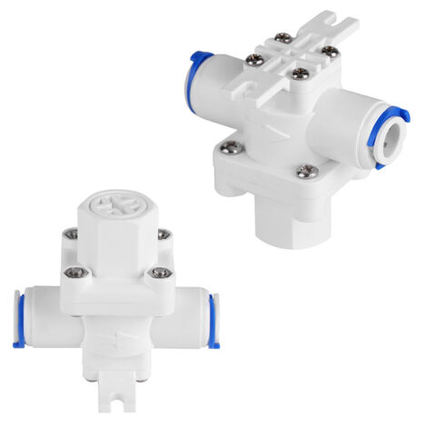 Regulador de presión de agua con filtro de protección RO de 3/8" - Válvula reductora de plástico blanco y azul para filtros de agua y grifos (6,5 cm)